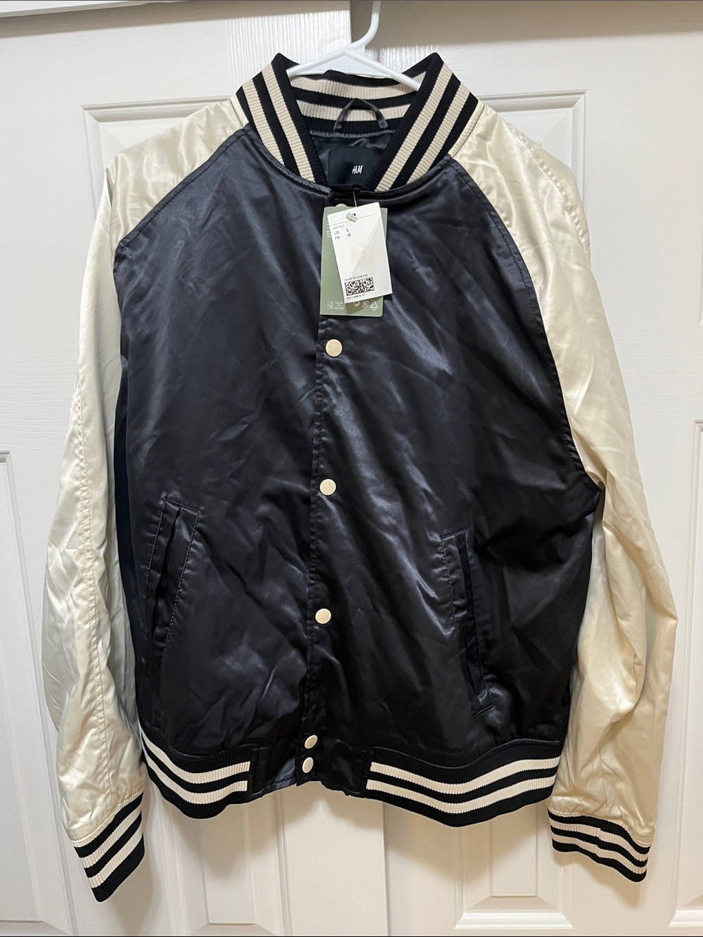 H&M Black Body with Cream Sleeve Satin Varsity Bomber Jacket